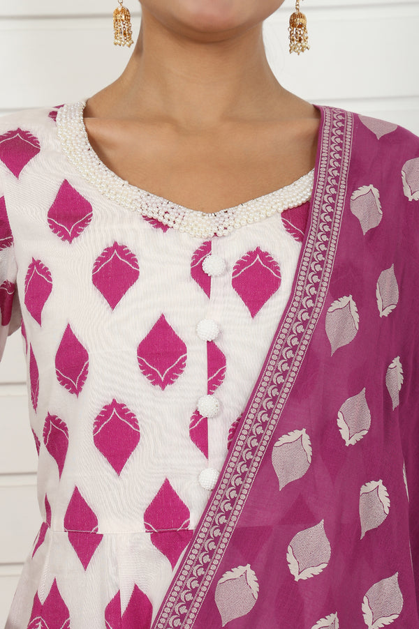 Off White Abstract Printed Beads Jacquard Anarkali Kurta, Legging And Dupatta Set