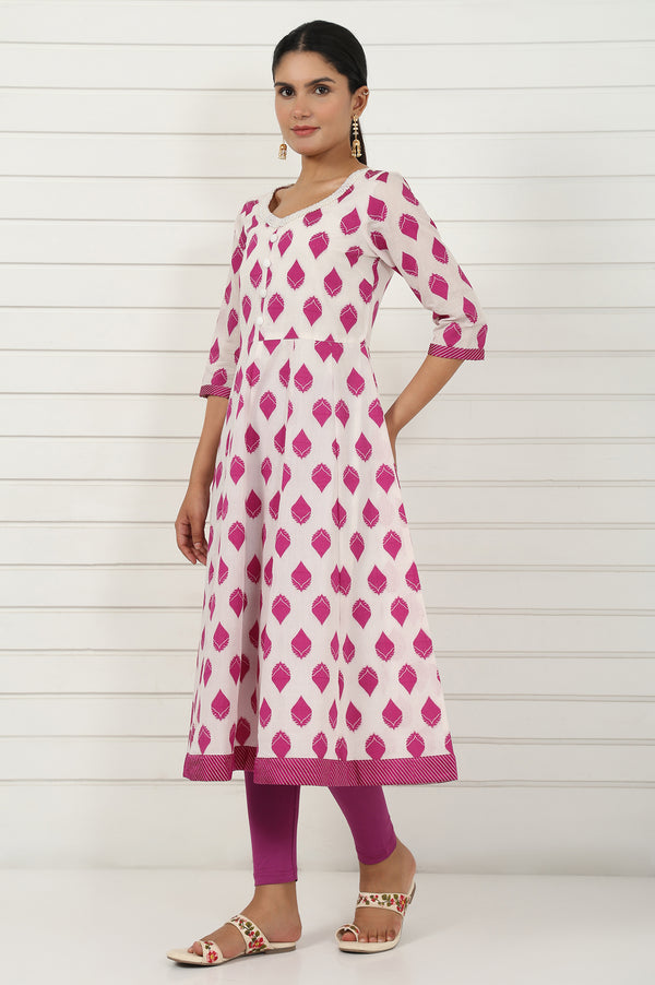 Off White Abstract Printed Beads Jacquard Anarkali Kurta, Legging And Dupatta Set