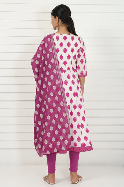 Off White Abstract Printed Beads Jacquard Anarkali Kurta, Legging And Dupatta Set