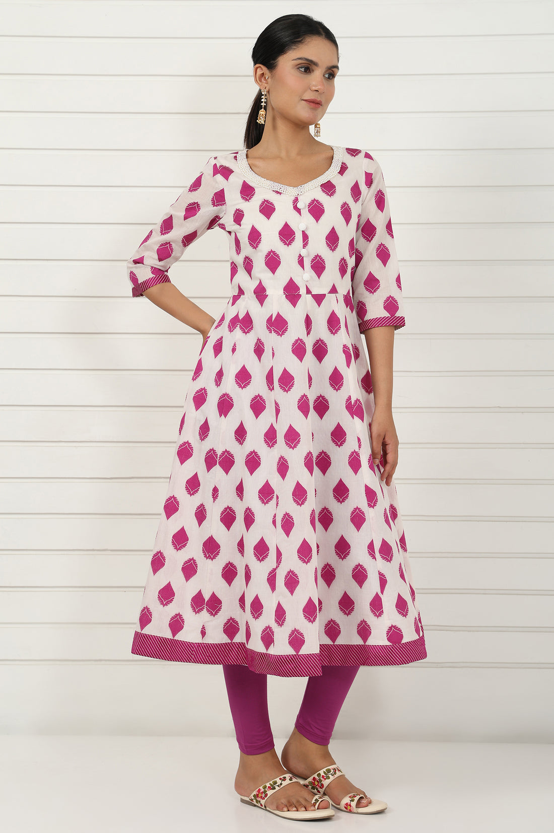 Off White Abstract Printed Beads Jacquard Anarkali Kurta, Legging And Dupatta Set