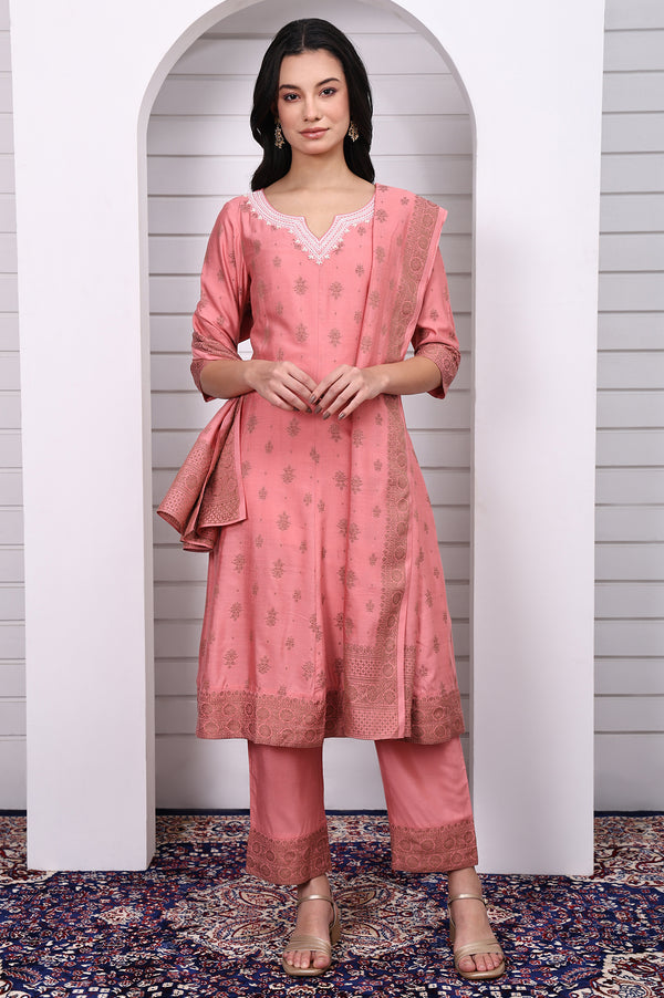 Pink Abstract Printed Beads Jacquard Anarkali Kurta, Palazzo and Dupatta Set