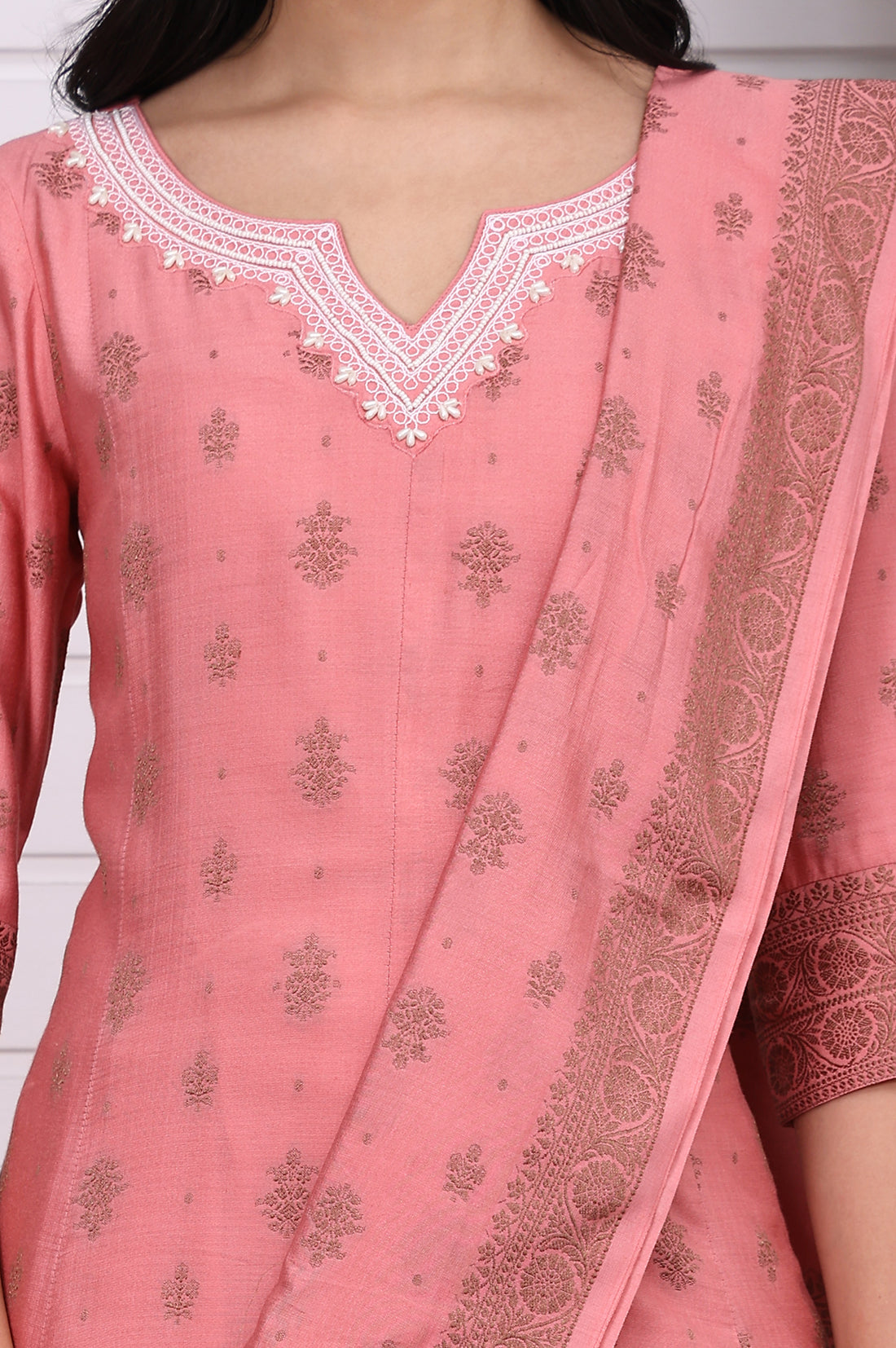 Pink Abstract Printed Beads Jacquard Anarkali Kurta, Palazzo and Dupatta Set