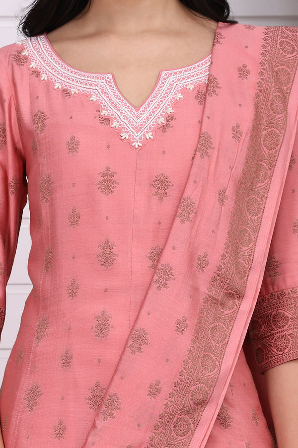 Pink Abstract Printed Beads Jacquard Anarkali Kurta, Palazzo and Dupatta Set