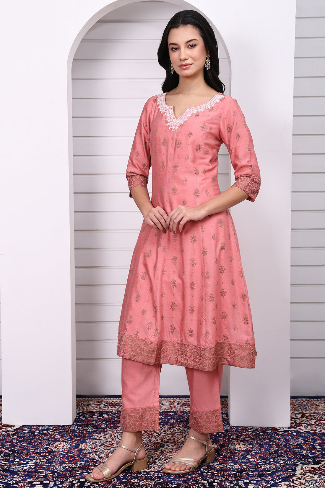 Pink Abstract Printed Beads Jacquard Anarkali Kurta, Palazzo and Dupatta Set