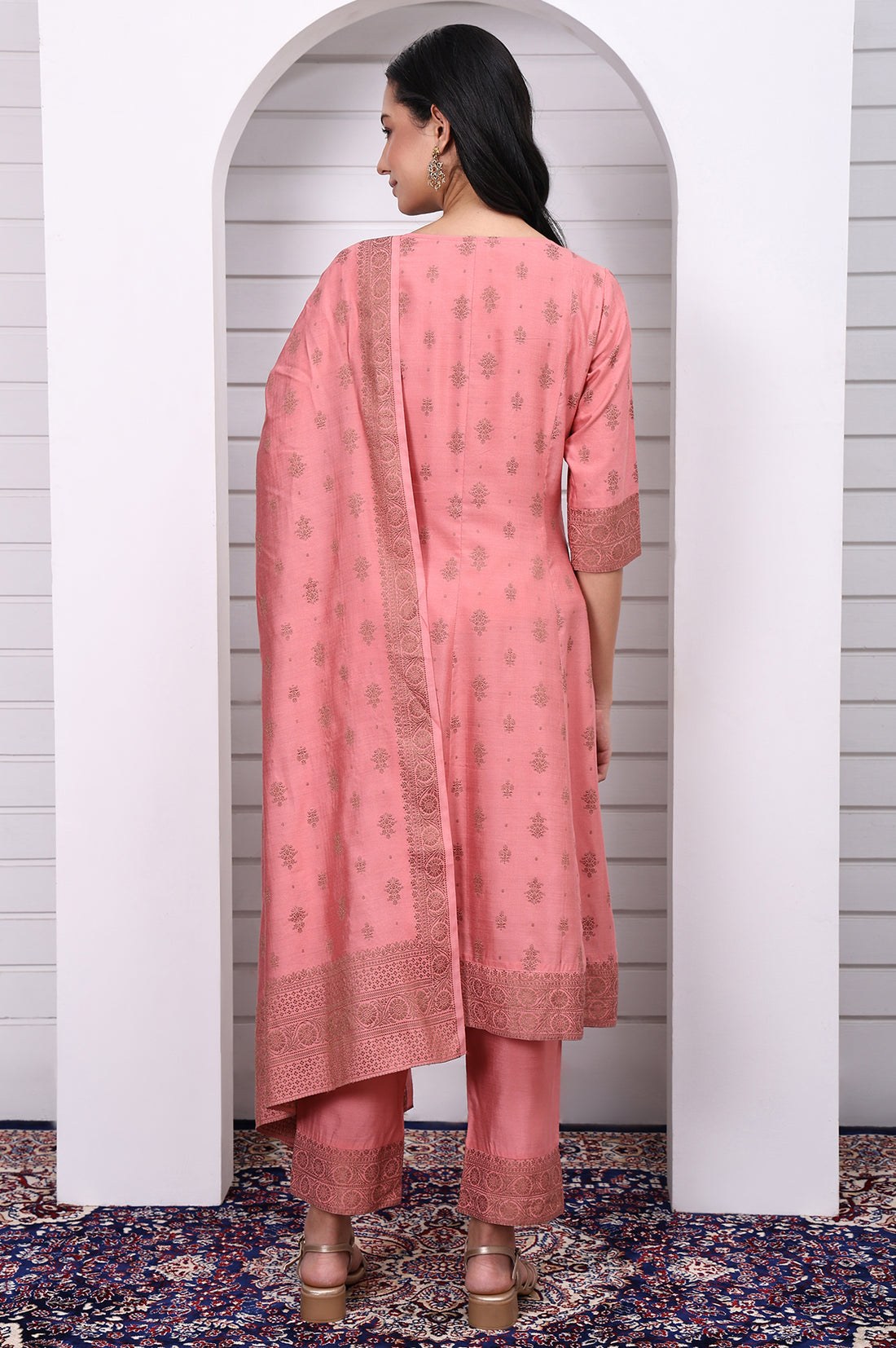 Pink Abstract Printed Beads Jacquard Anarkali Kurta, Palazzo and Dupatta Set