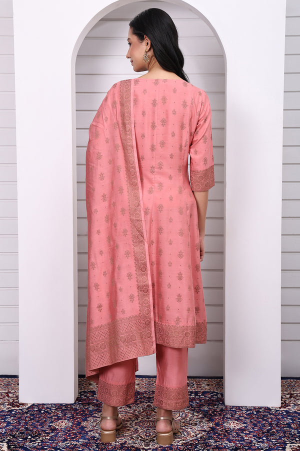 Pink Abstract Printed Beads Jacquard Anarkali Kurta, Palazzo and Dupatta Set