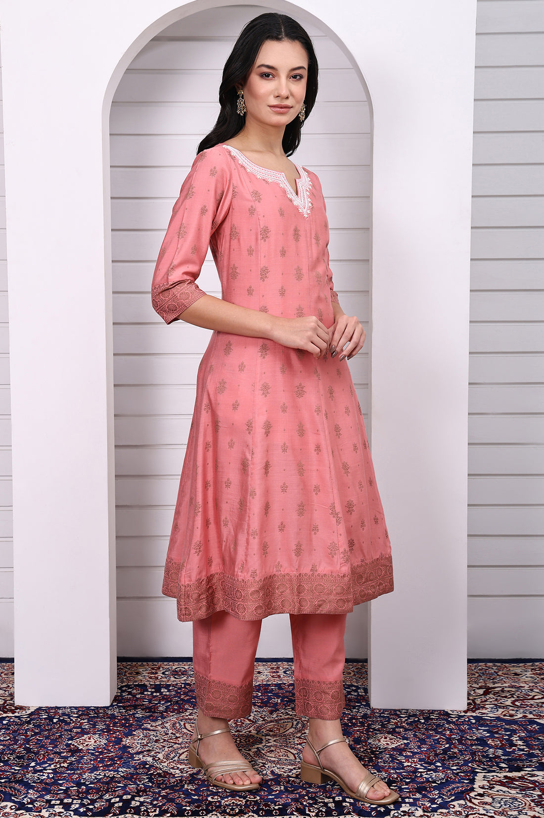 Pink Abstract Printed Beads Jacquard Anarkali Kurta, Palazzo and Dupatta Set