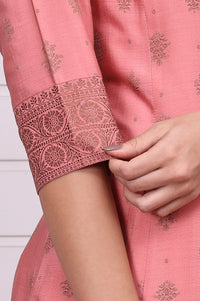 Pink Abstract Printed Beads Jacquard Anarkali Kurta, Palazzo and Dupatta Set