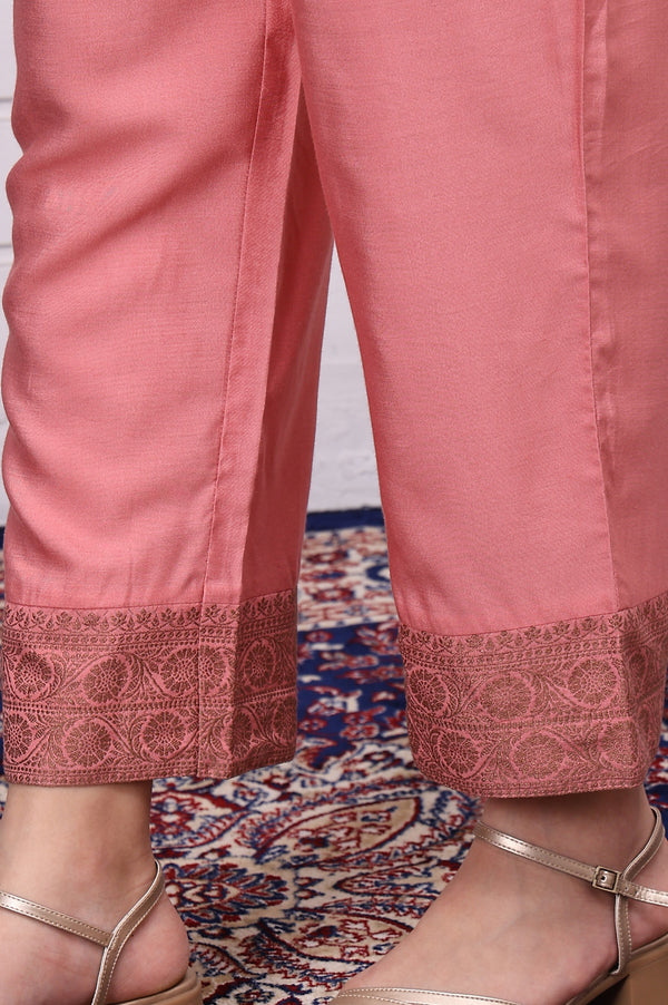 Pink Abstract Printed Beads Jacquard Anarkali Kurta, Palazzo and Dupatta Set