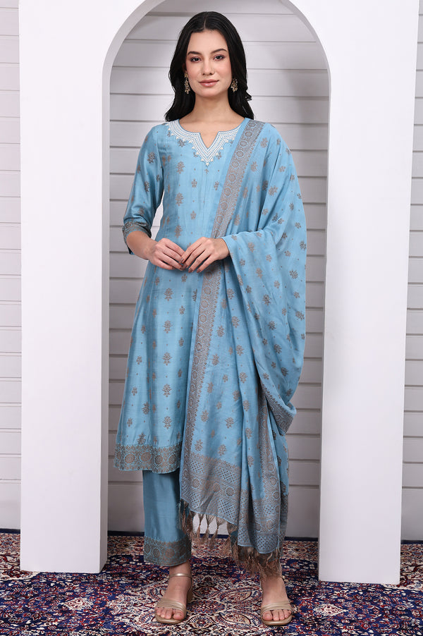 Blue Abstract Printed Beads Jacquard Anarkali Kurta, Palazzo and Dupatta Set