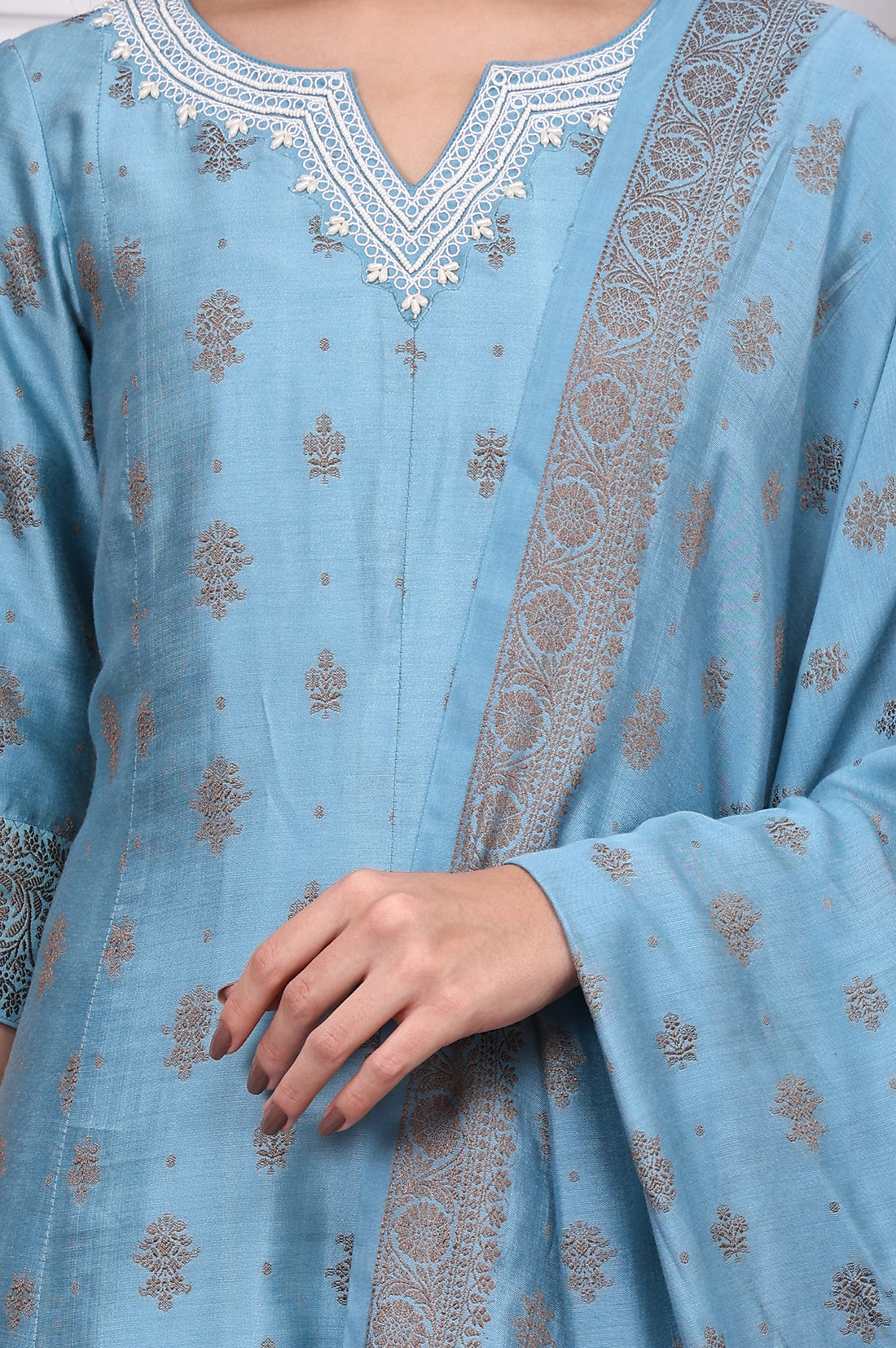 Blue Abstract Printed Beads Jacquard Anarkali Kurta, Palazzo and Dupatta Set