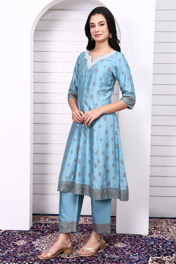 Blue Abstract Printed Beads Jacquard Anarkali Kurta, Palazzo and Dupatta Set