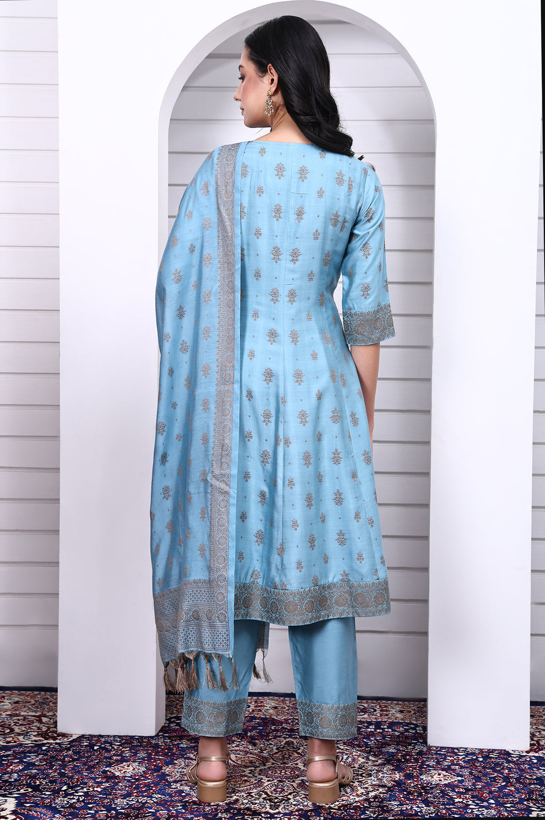 Blue Abstract Printed Beads Jacquard Anarkali Kurta, Palazzo and Dupatta Set