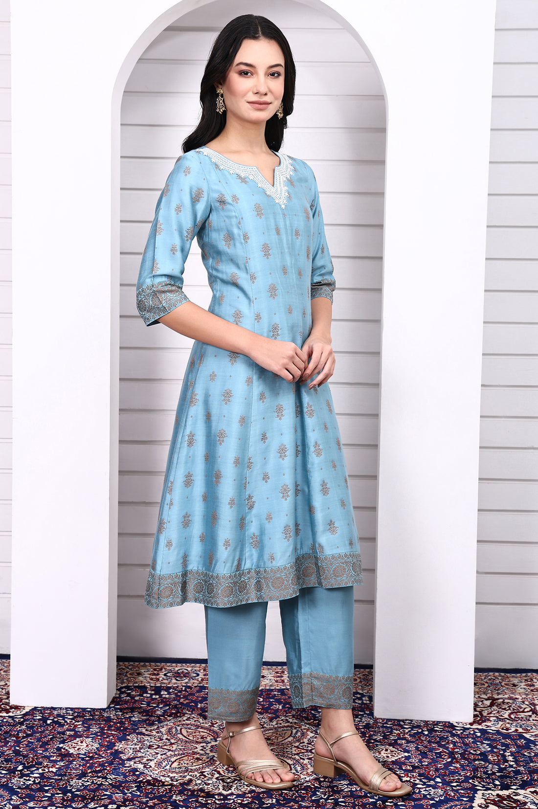 Blue Abstract Printed Beads Jacquard Anarkali Kurta, Palazzo and Dupatta Set
