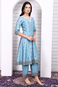 Blue Abstract Printed Beads Jacquard Anarkali Kurta, Palazzo and Dupatta Set