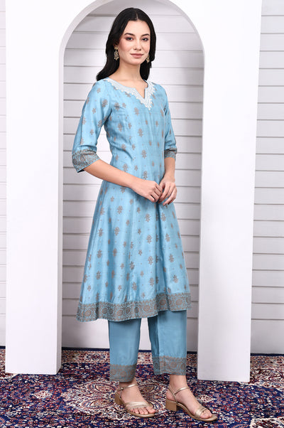 Blue Abstract Printed Beads Jacquard Anarkali Kurta, Palazzo and Dupatta Set