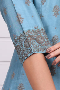 Blue Abstract Printed Beads Jacquard Anarkali Kurta, Palazzo and Dupatta Set