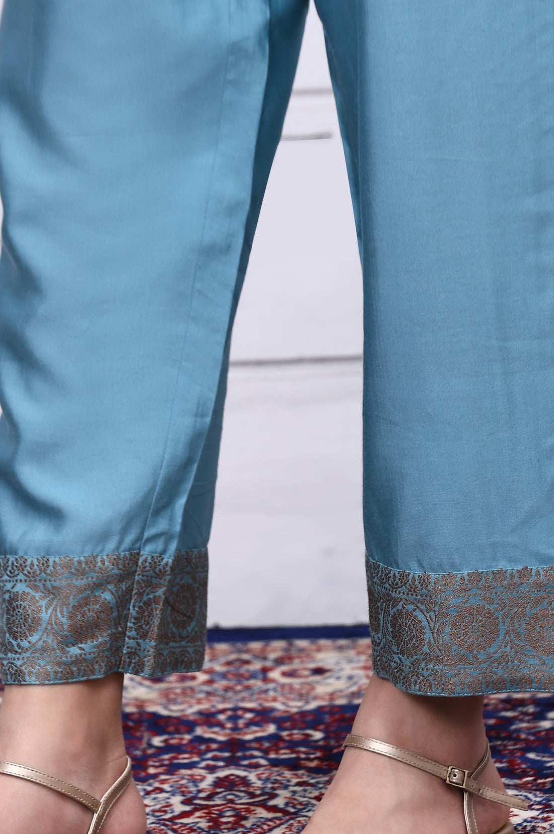 Blue Abstract Printed Beads Jacquard Anarkali Kurta, Palazzo and Dupatta Set