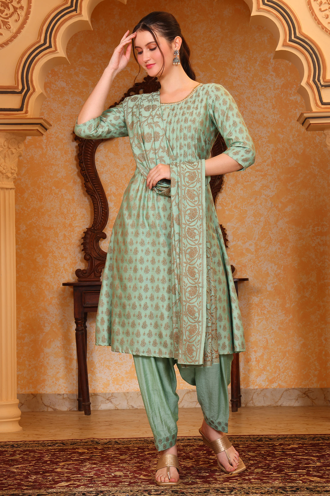 Aqua Abstract Printed Beads Embellished A-Line Jacquard Kurta, Salwar and Dupatta Set