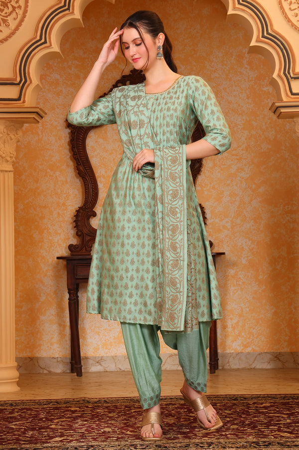 Aqua Abstract Printed Beads Embellished A-Line Jacquard Kurta, Salwar and Dupatta Set