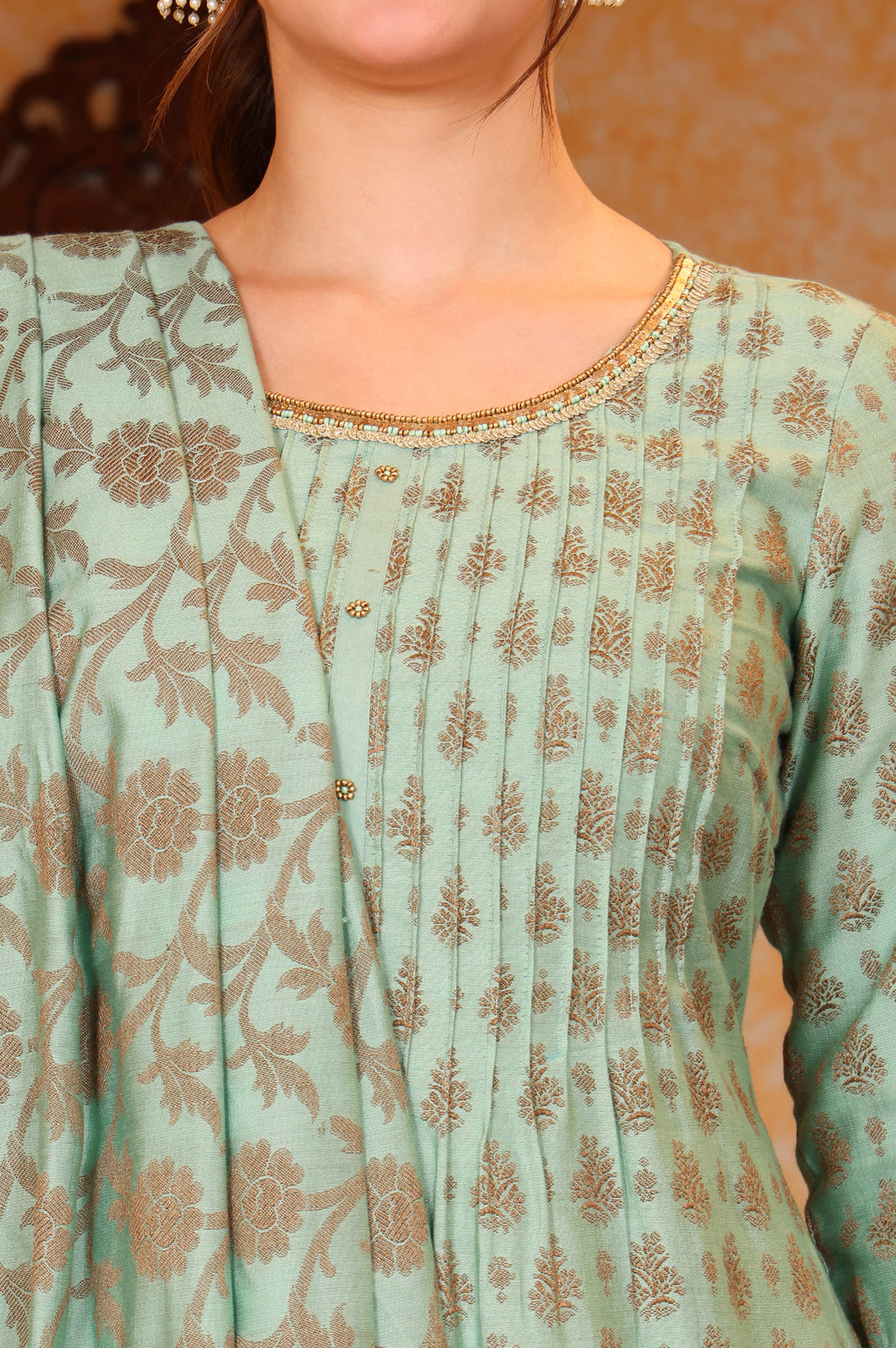 Aqua Abstract Printed Beads Embellished A-Line Jacquard Kurta, Salwar and Dupatta Set