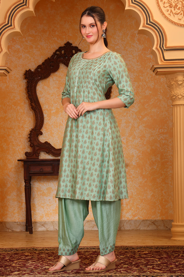 Aqua Abstract Printed Beads Embellished A-Line Jacquard Kurta, Salwar and Dupatta Set