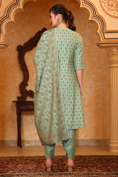 Aqua Abstract Printed Beads Embellished A-Line Jacquard Kurta, Salwar and Dupatta Set