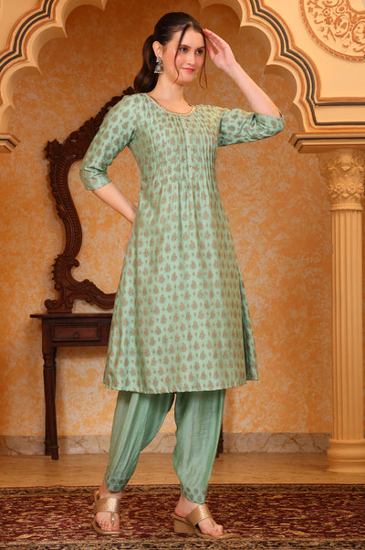 Aqua Abstract Printed Beads Embellished A-Line Jacquard Kurta, Salwar and Dupatta Set