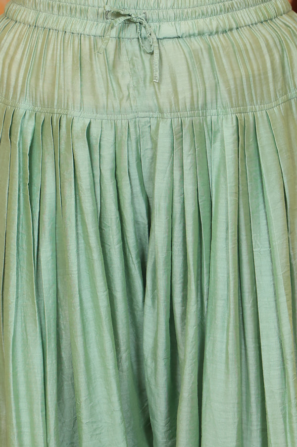 Aqua Abstract Printed Beads Embellished A-Line Jacquard Kurta, Salwar and Dupatta Set