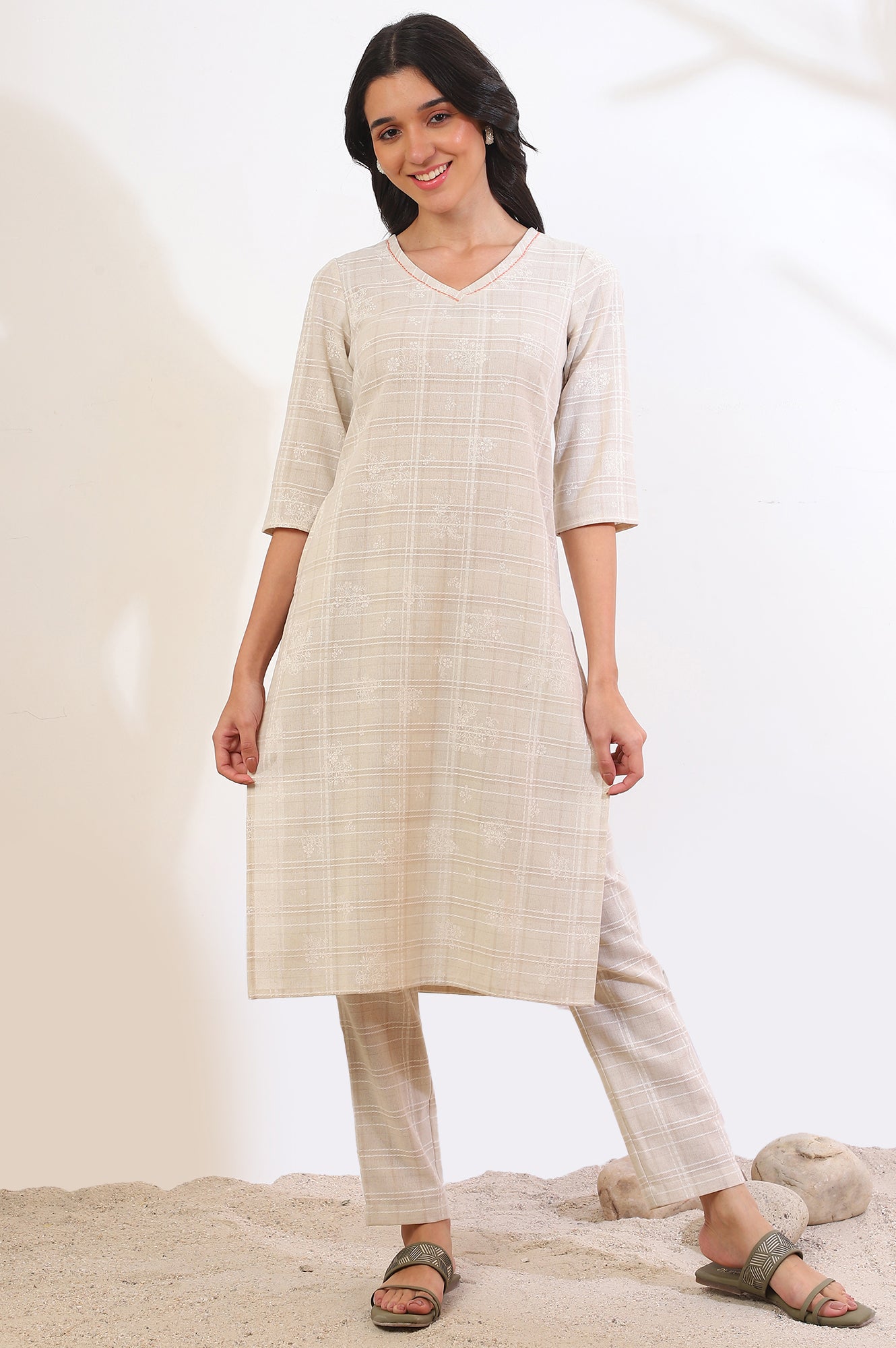 Beige Printed Cotton Blend Straight Kurta &amp; Trousers Set