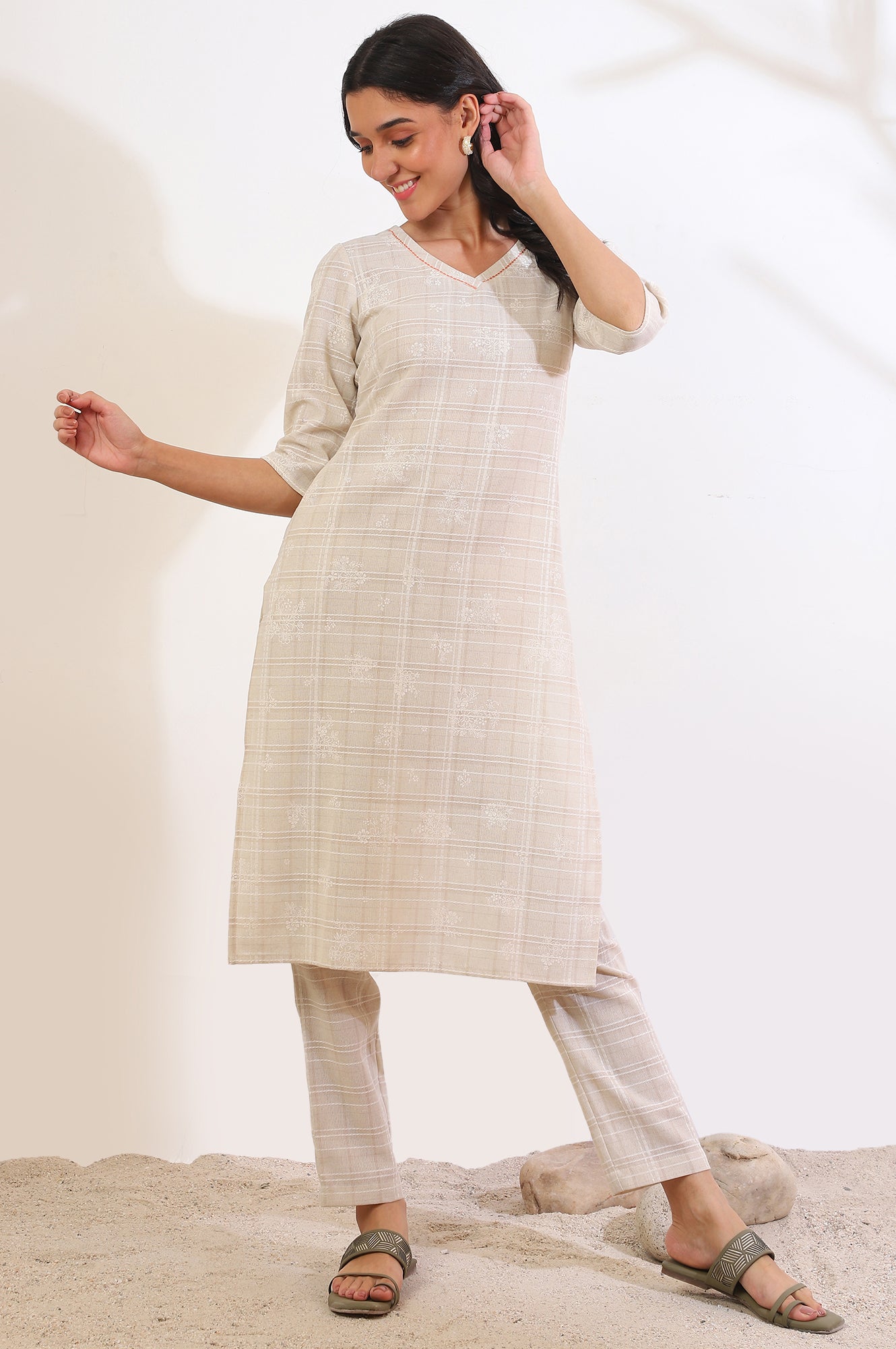 Beige Printed Cotton Blend Straight Kurta &amp; Trousers Set