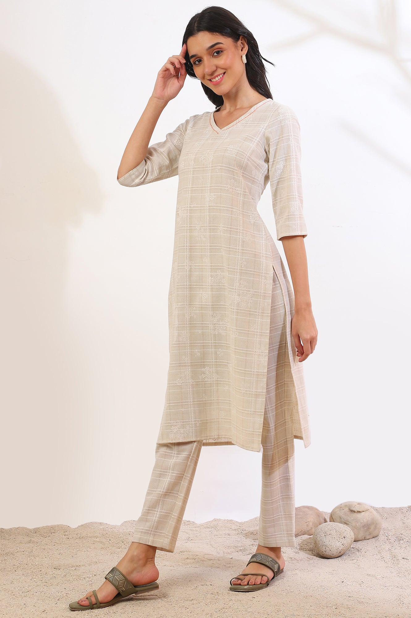 Beige Printed Cotton Blend Straight Kurta &amp; Trousers Set