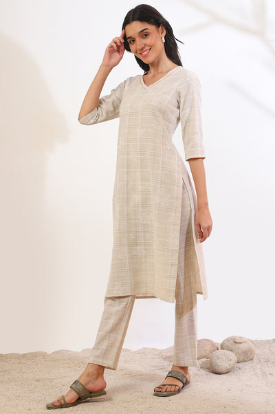 Beige Printed Cotton Blend Straight Kurta & Trousers Set