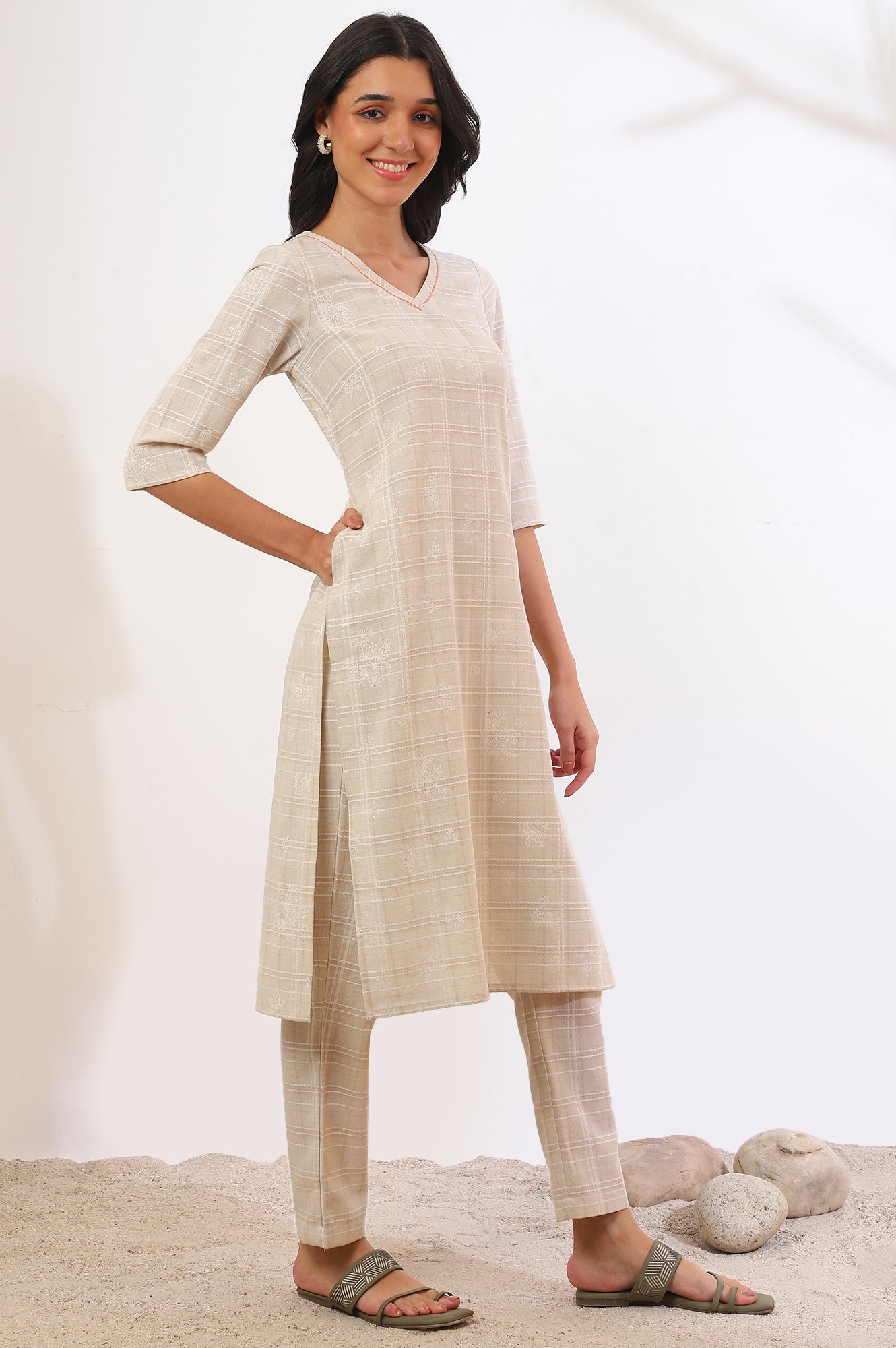 Beige Printed Cotton Blend Straight Kurta &amp; Trousers Set