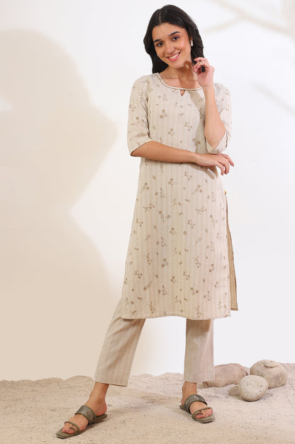 Beige Printed Cotton Blend Straight Kurta &amp; Trousers Set