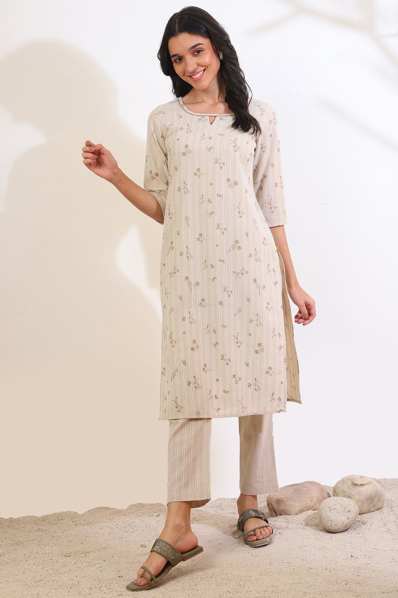 Beige Printed Cotton Blend Straight Kurta &amp; Trousers Set