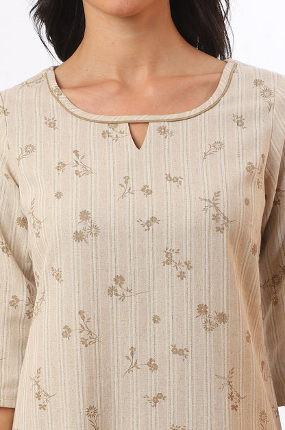 Beige Printed Cotton Blend Straight Kurta &amp; Trousers Set