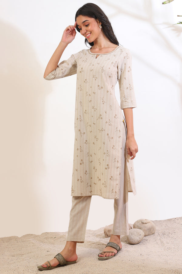 Beige Printed Cotton Blend Straight Kurta & Trousers Set