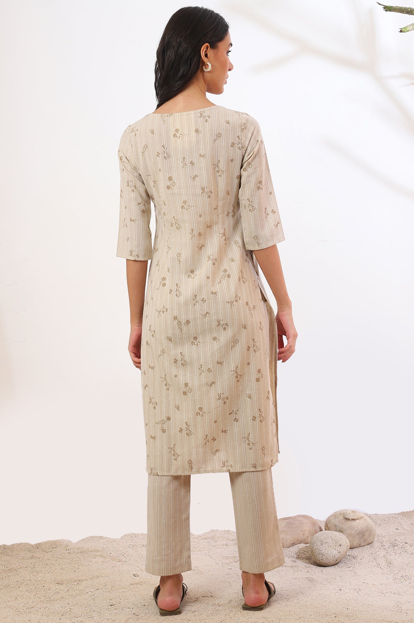 Beige Printed Cotton Blend Straight Kurta &amp; Trousers Set