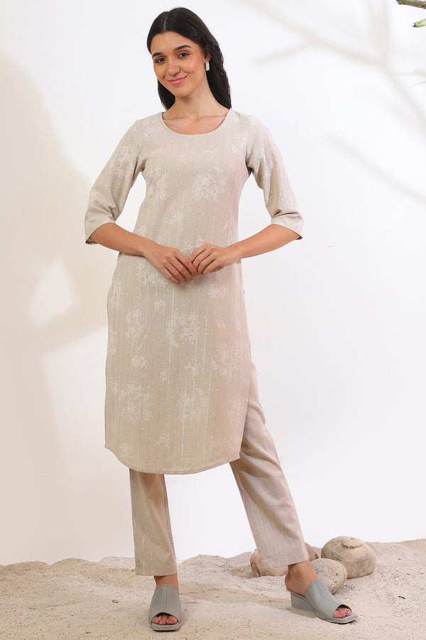 Beige Printed Cotton Blend Straight Kurta & Trousers Set