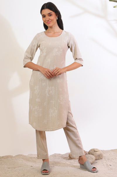 Beige Printed Cotton Blend Straight Kurta & Trousers Set