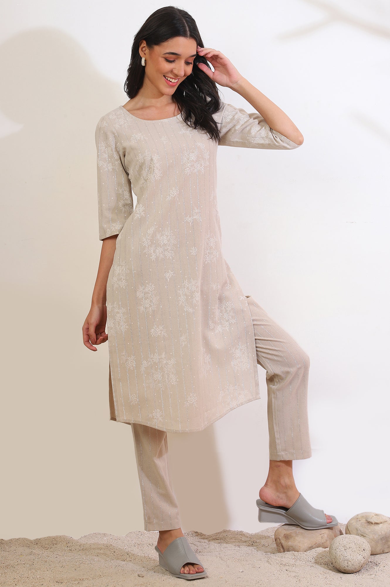 Beige Printed Cotton Blend Straight Kurta &amp; Trousers Set