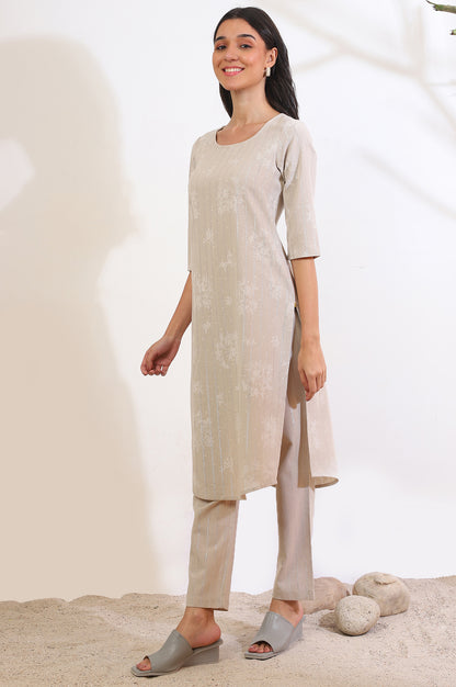 Beige Printed Cotton Blend Straight Kurta &amp; Trousers Set