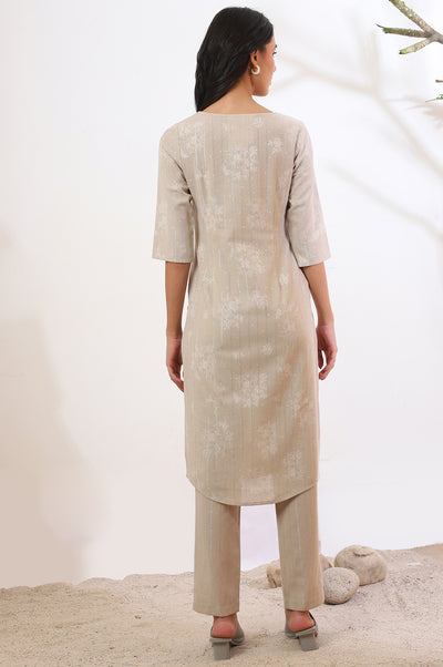 Beige Printed Cotton Blend Straight Kurta & Trousers Set