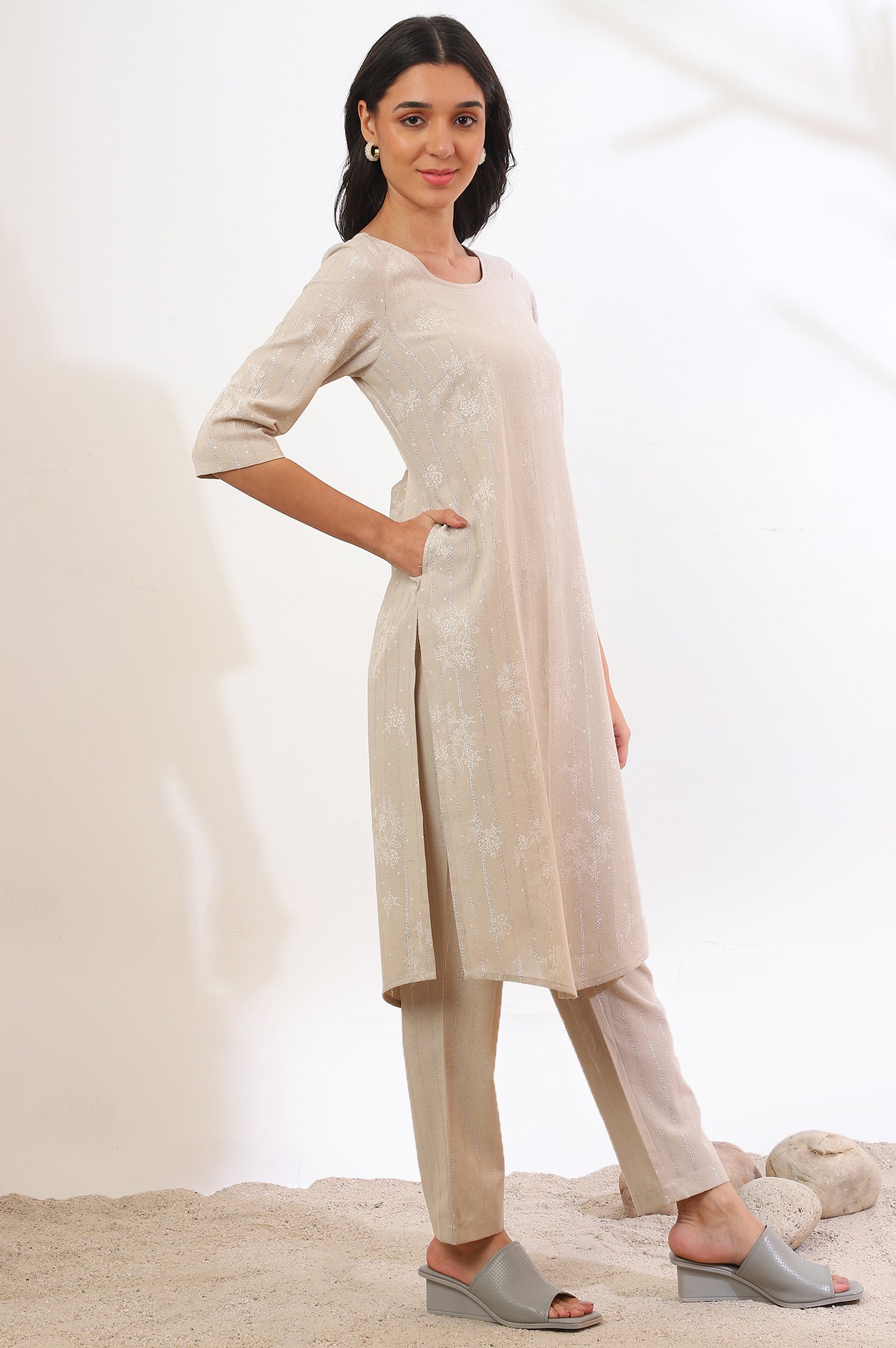 Beige Printed Cotton Blend Straight Kurta &amp; Trousers Set