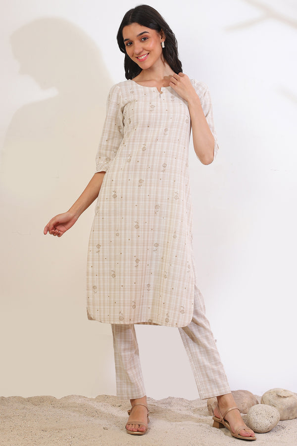 Beige Printed Cotton Blend Straight Kurta & Trousers Set