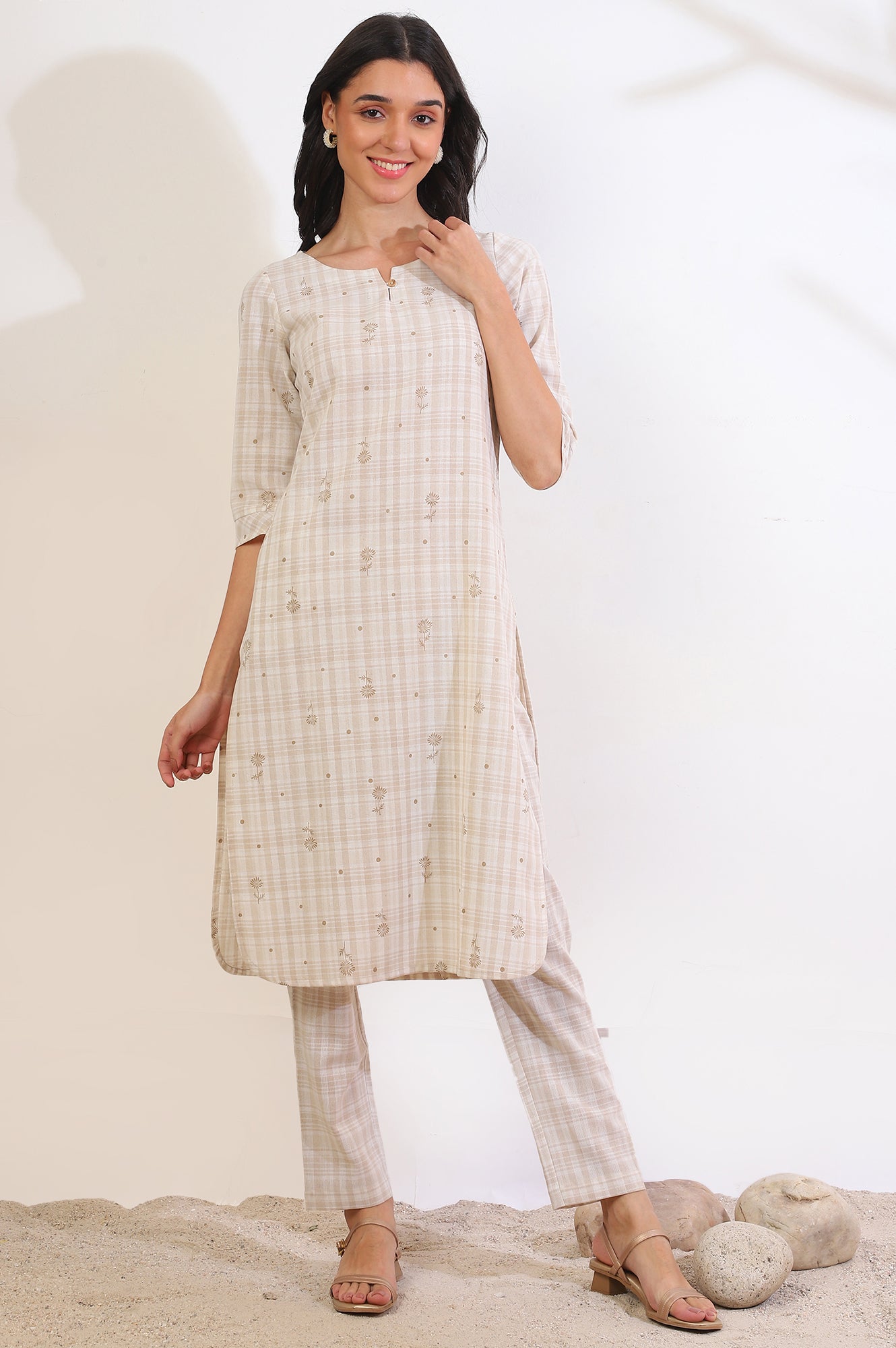 Beige Printed Cotton Blend Straight Kurta &amp; Trousers Set