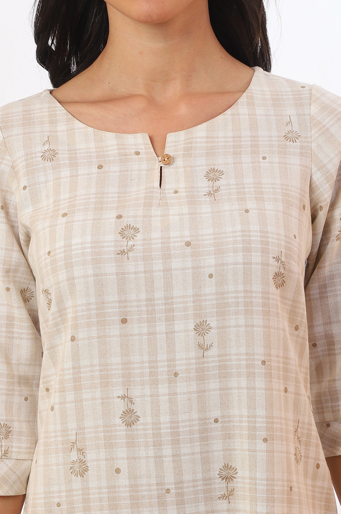 Beige Printed Cotton Blend Straight Kurta &amp; Trousers Set