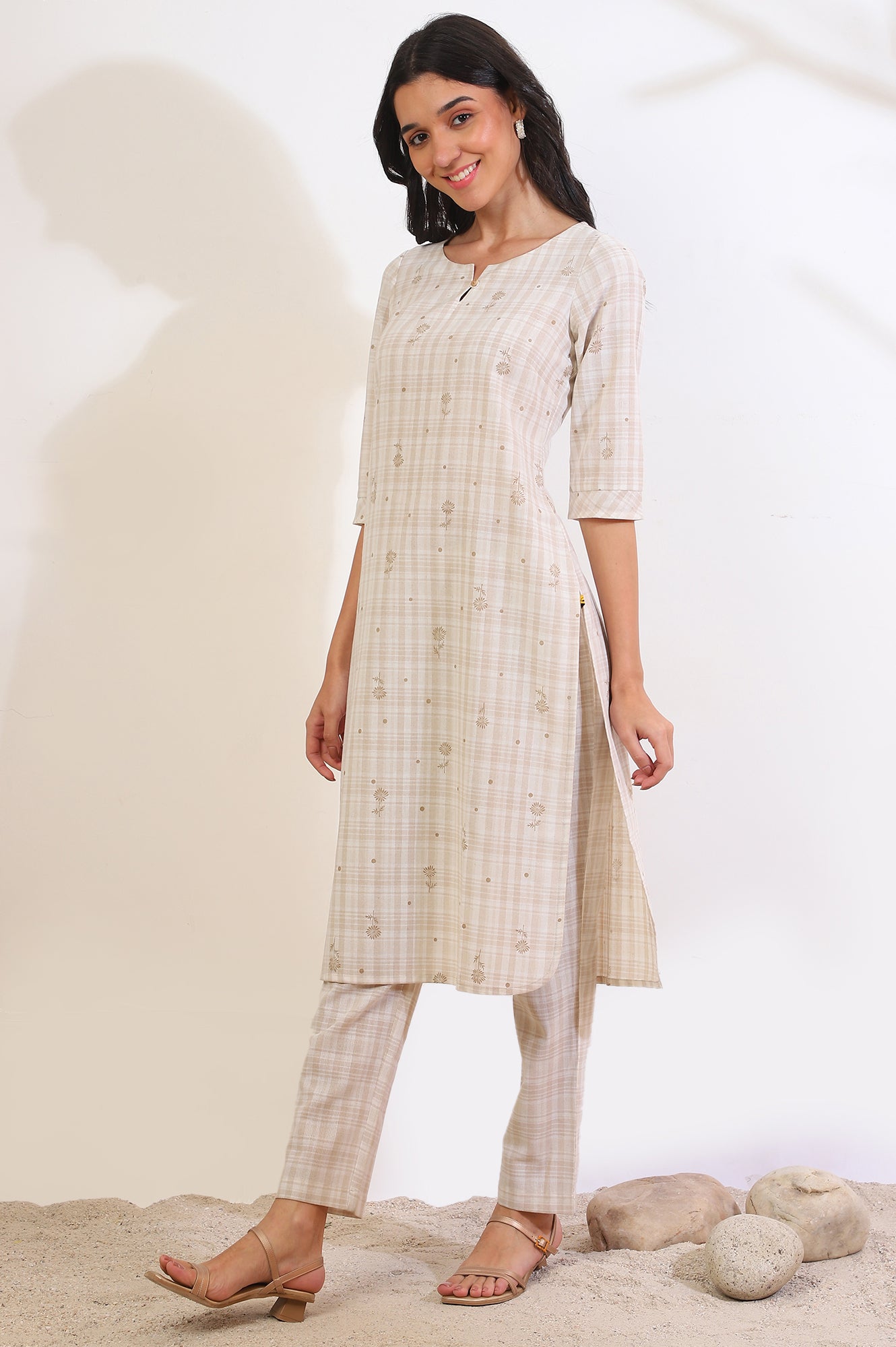 Beige Printed Cotton Blend Straight Kurta &amp; Trousers Set