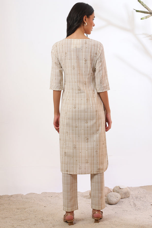 Beige Printed Cotton Blend Straight Kurta & Trousers Set